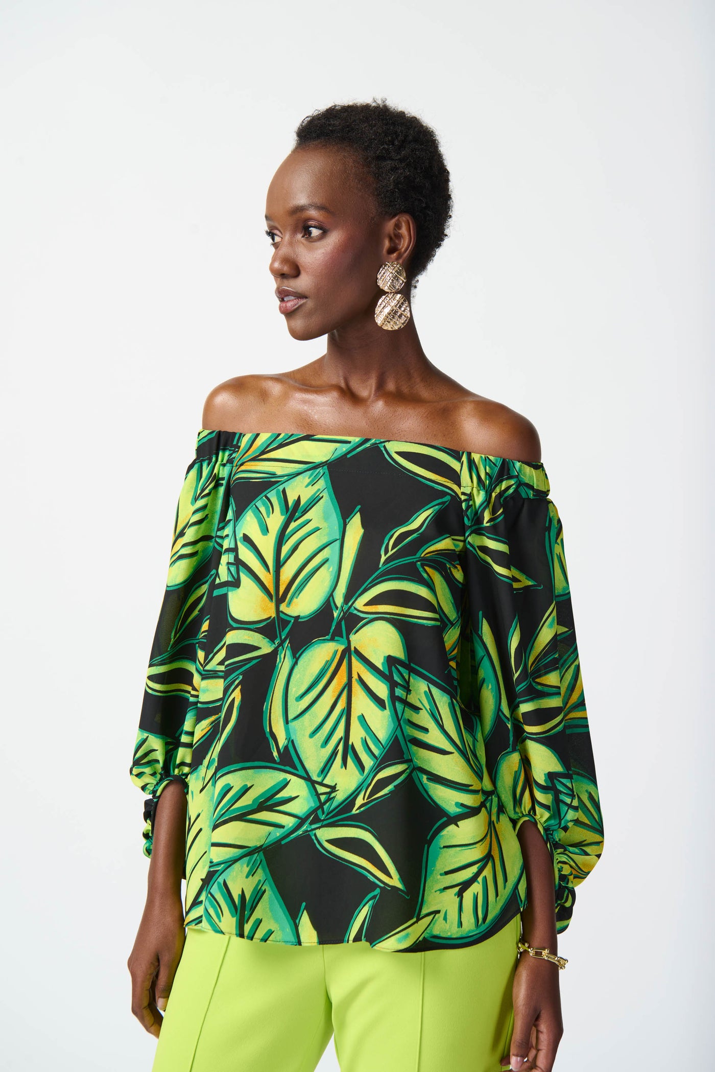 Joseph Ribkoff Leaf Printed Georgette Off-the-Shoulder Top 