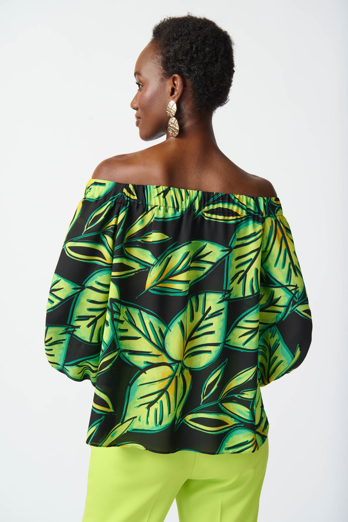 Joseph Ribkoff Leaf Printed Georgette Off-the-Shoulder Top 