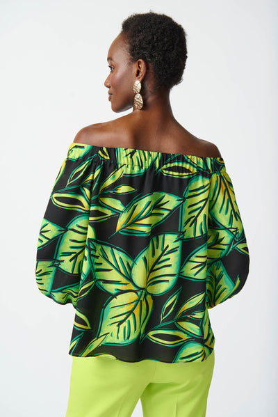 Joseph Ribkoff Leaf Printed Georgette Off-the-Shoulder Top 