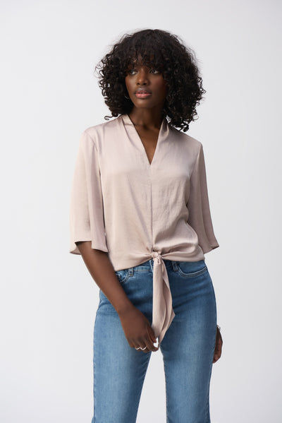 Satin V-Neck Top with Front Tie