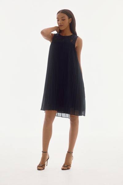 Signature Chiffon and Lace Sleeveless Pleated Dress Joseph Ribkoff