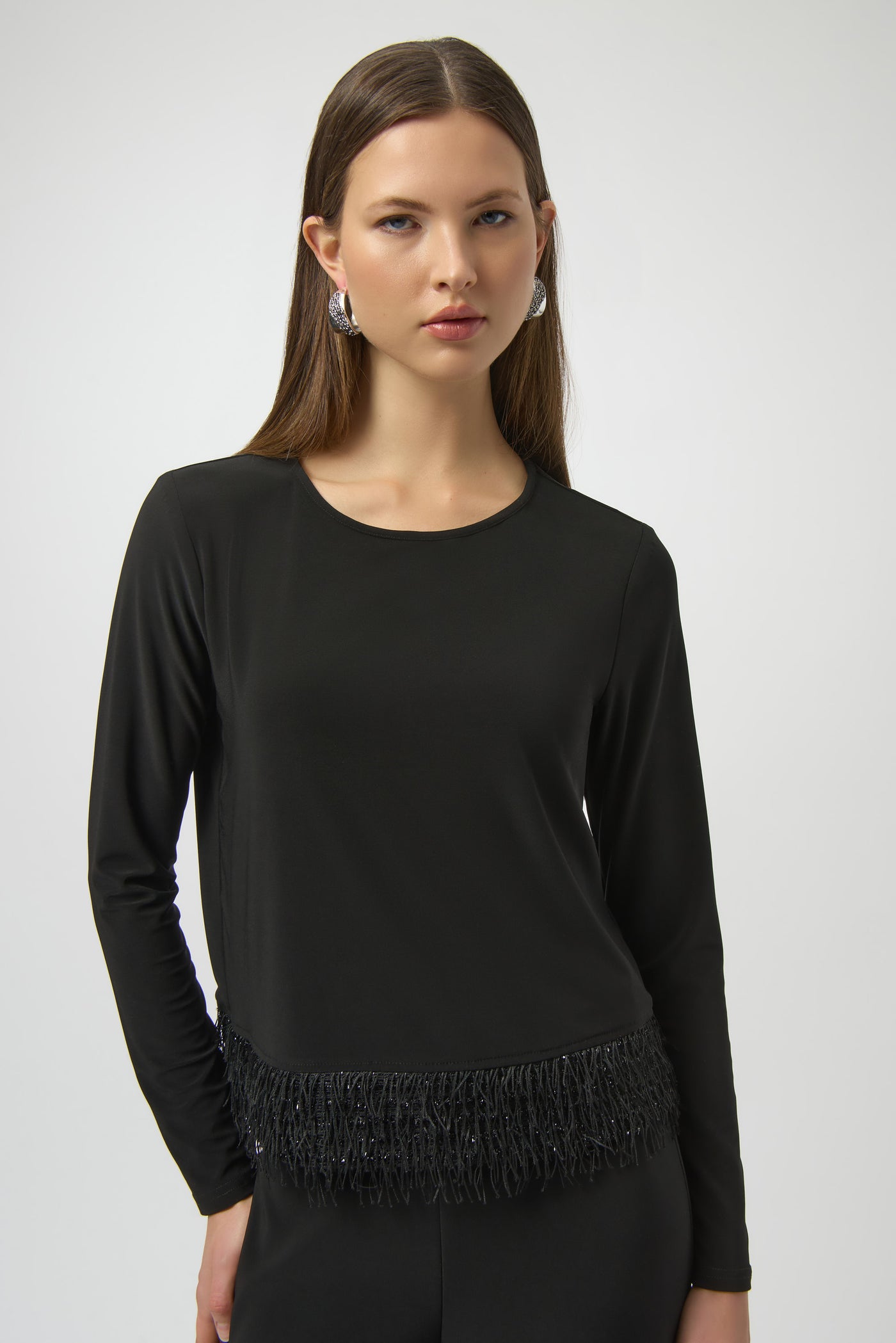 Silky Knit Top with Novelty Fringe Hem Joseph Ribkoff