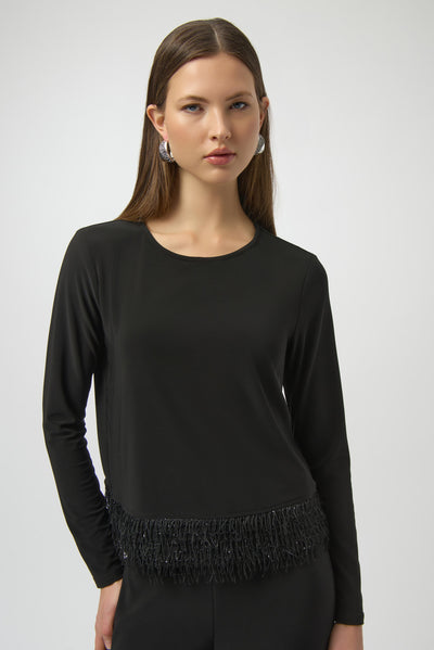 Silky Knit Top with Novelty Fringe Hem Joseph Ribkoff