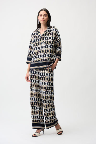 Woven Geometric Print Boxy Top With Shirt Collar Joseph Ribkoff