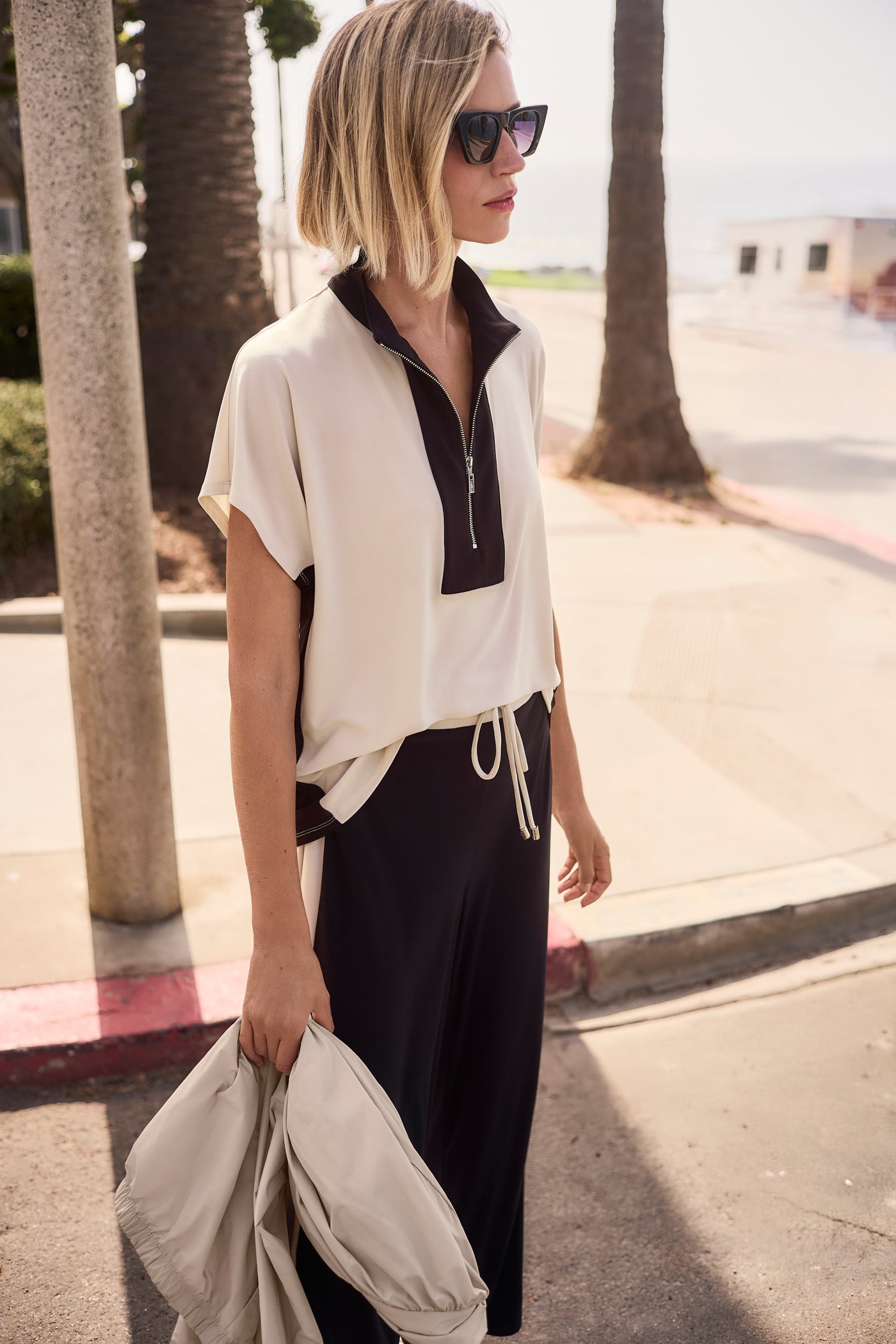 Silky Knit Color Block Straight Top With Zipped Collar Joseph Ribkoff