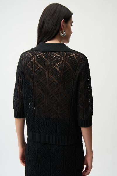 Cotton Blend Open Stitch Sweater with Polo Collar Joseph Ribkoff