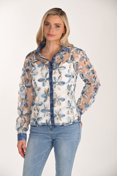 Blossom Sheer Denim-Trim Blouse Frank Lyman
