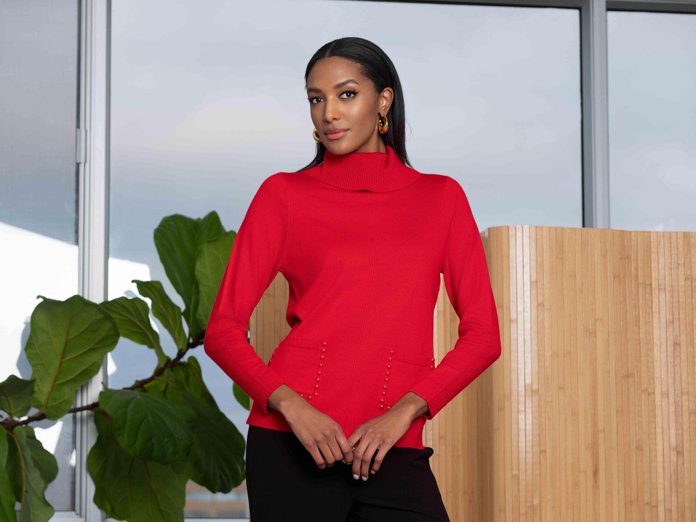 Mock Neck Sweater with Pearl-Trim Pockets - Dream Pants