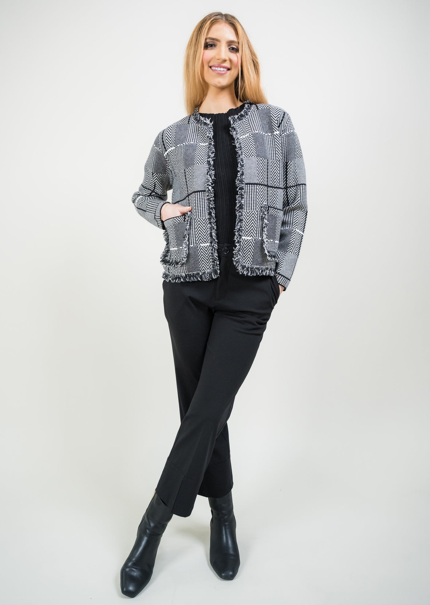 Audrey Frayed Collarless Suit Jacket Lisette L