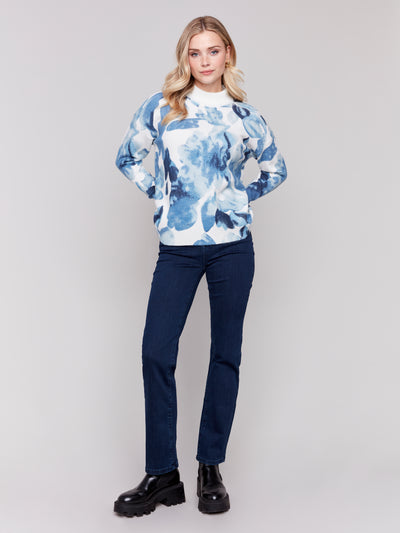 Printed Mock Neck Sweater with Sleeve Zippers Charlie B