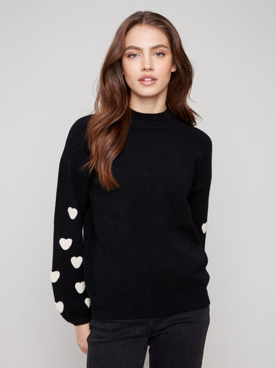Mock Neck Sweater With Embroidered Hearts Charlie B