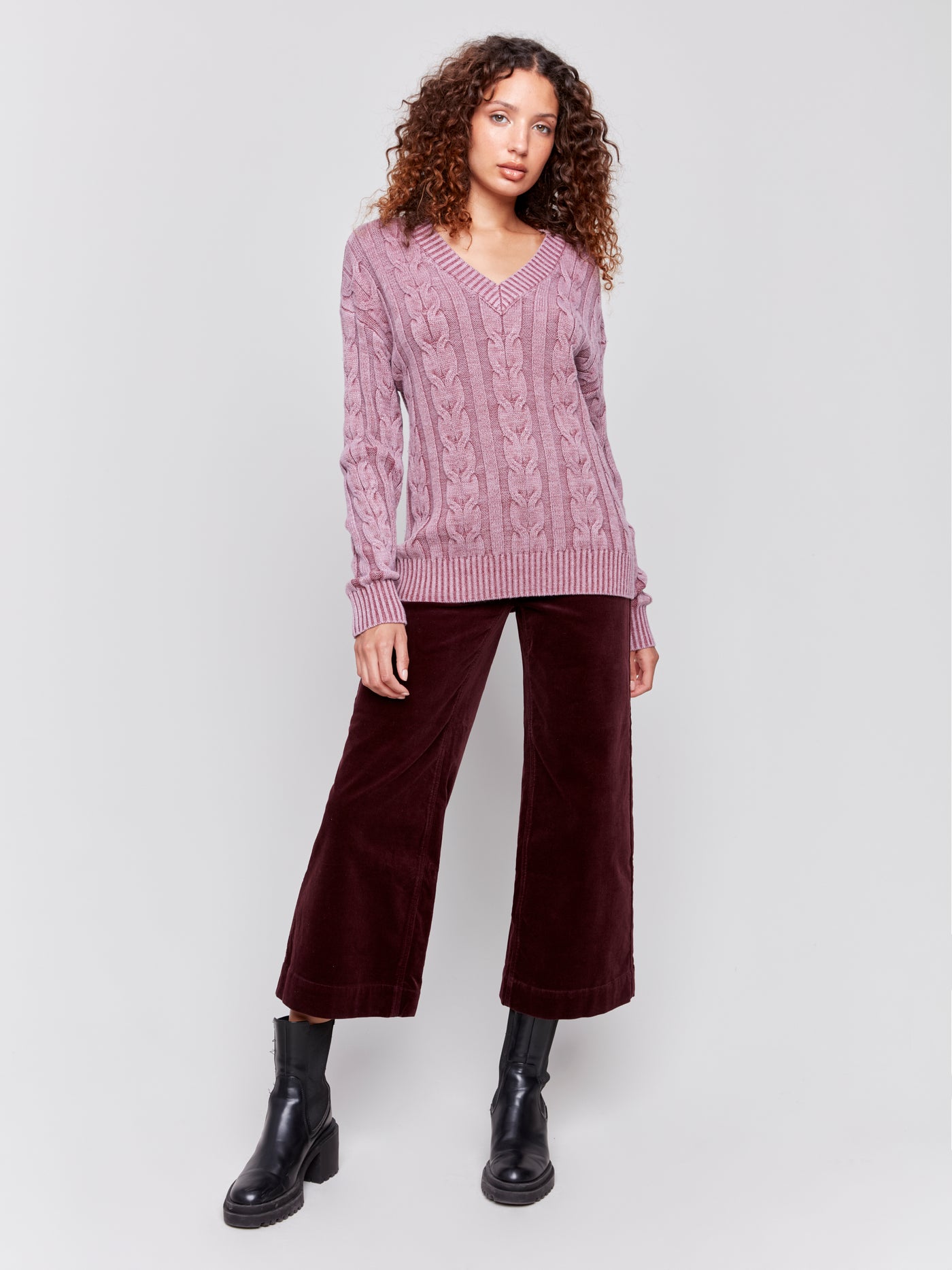 V-Neck Cable Knit Sweater Charlie B