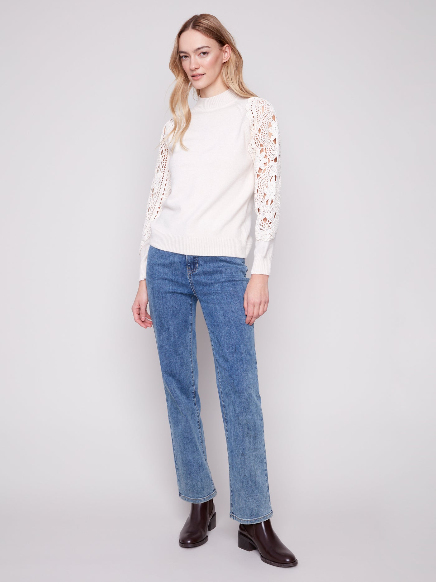 Mock Neck Sweater With Crochet Sleeves Charlie B