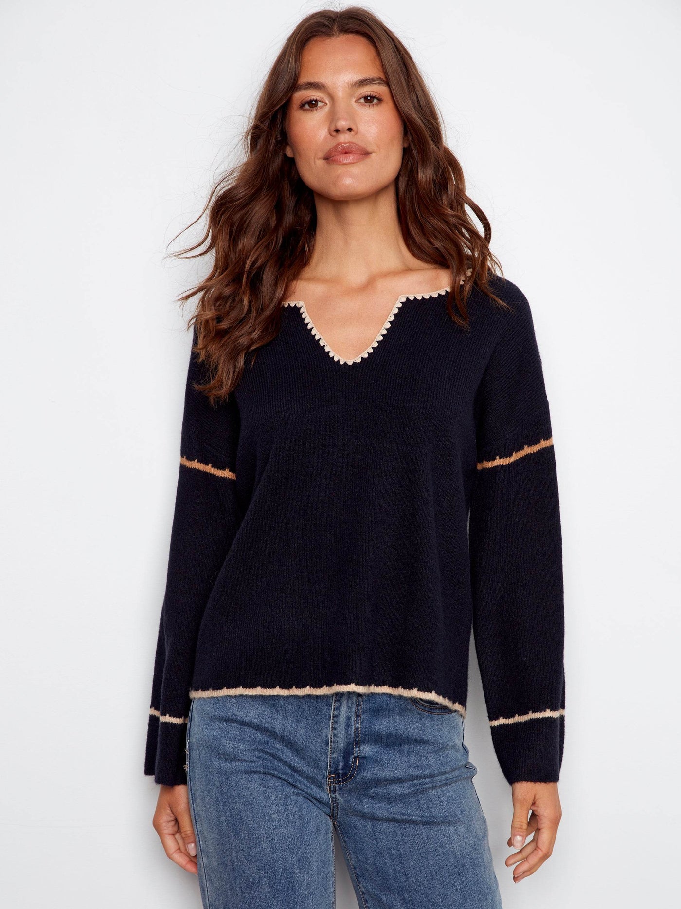 Embroidered Ribbed Sweater with Notch Neck - Dream Pants