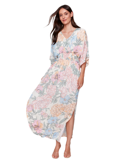 Printed Dolman Sleeve Maxi Dress with Side Slits Charlie B