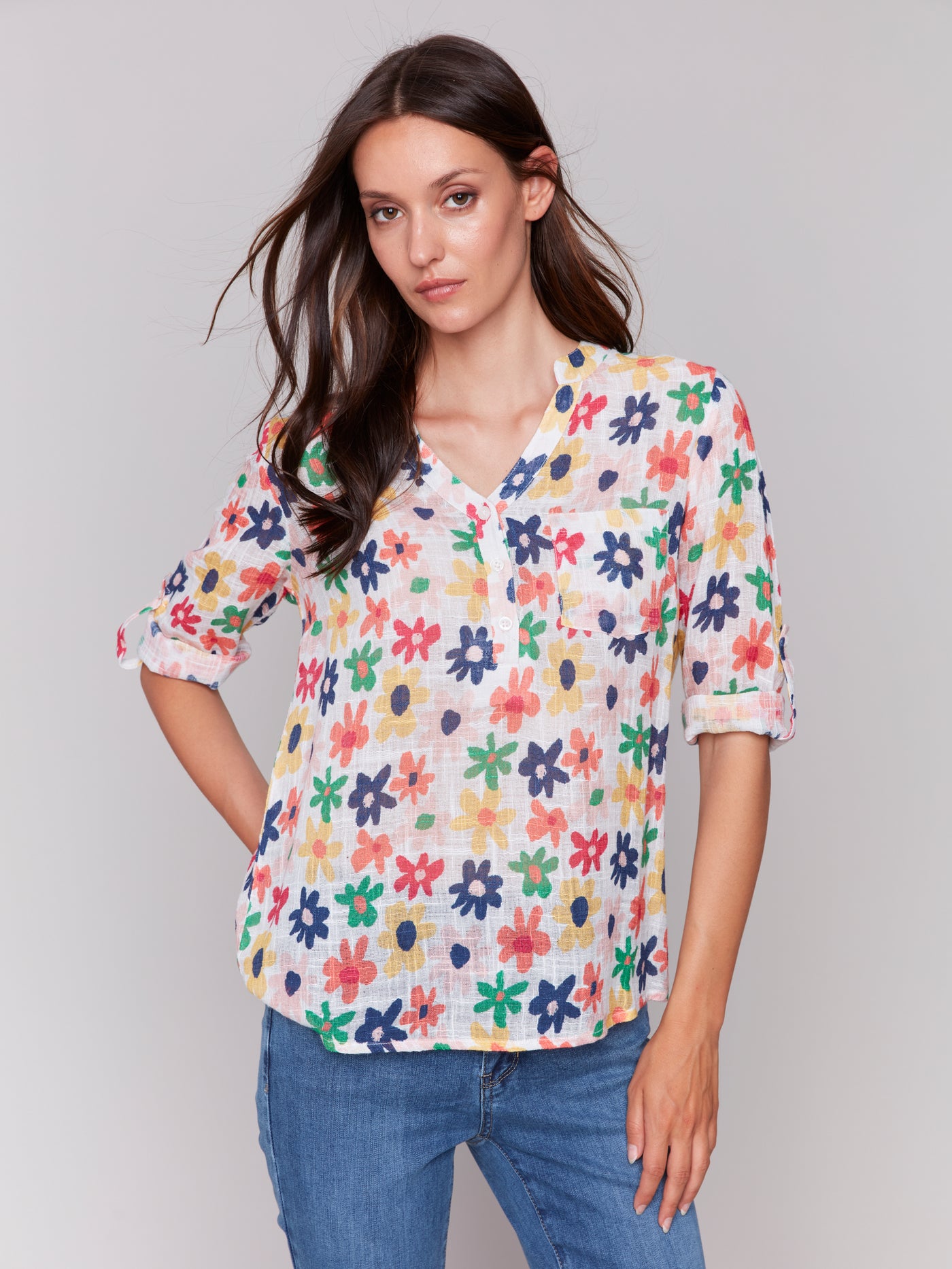 Printed Cotton Gauze Half-Button Blouse Charlie B