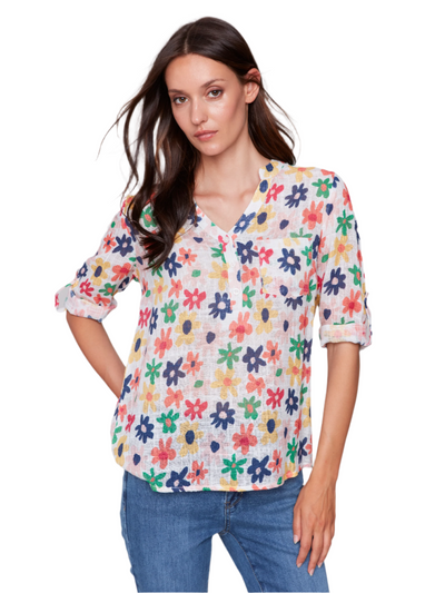 Printed Cotton Gauze Half-Button Blouse Charlie B