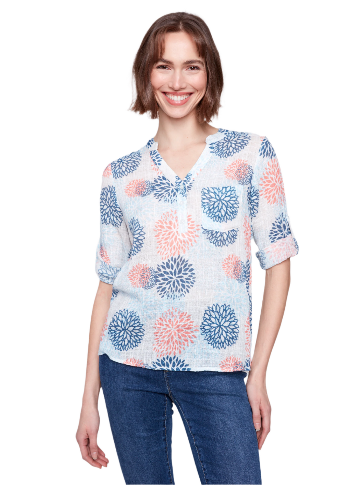 Printed Cotton Gauze Half-Button Blouse Charlie B