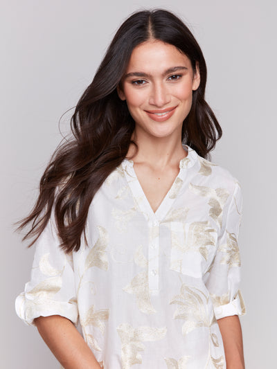 Embroidered Cotton Half-Button Blouse Charlie B