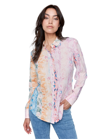 Printed Long Sleeve Button-Down Blouse Charlie B