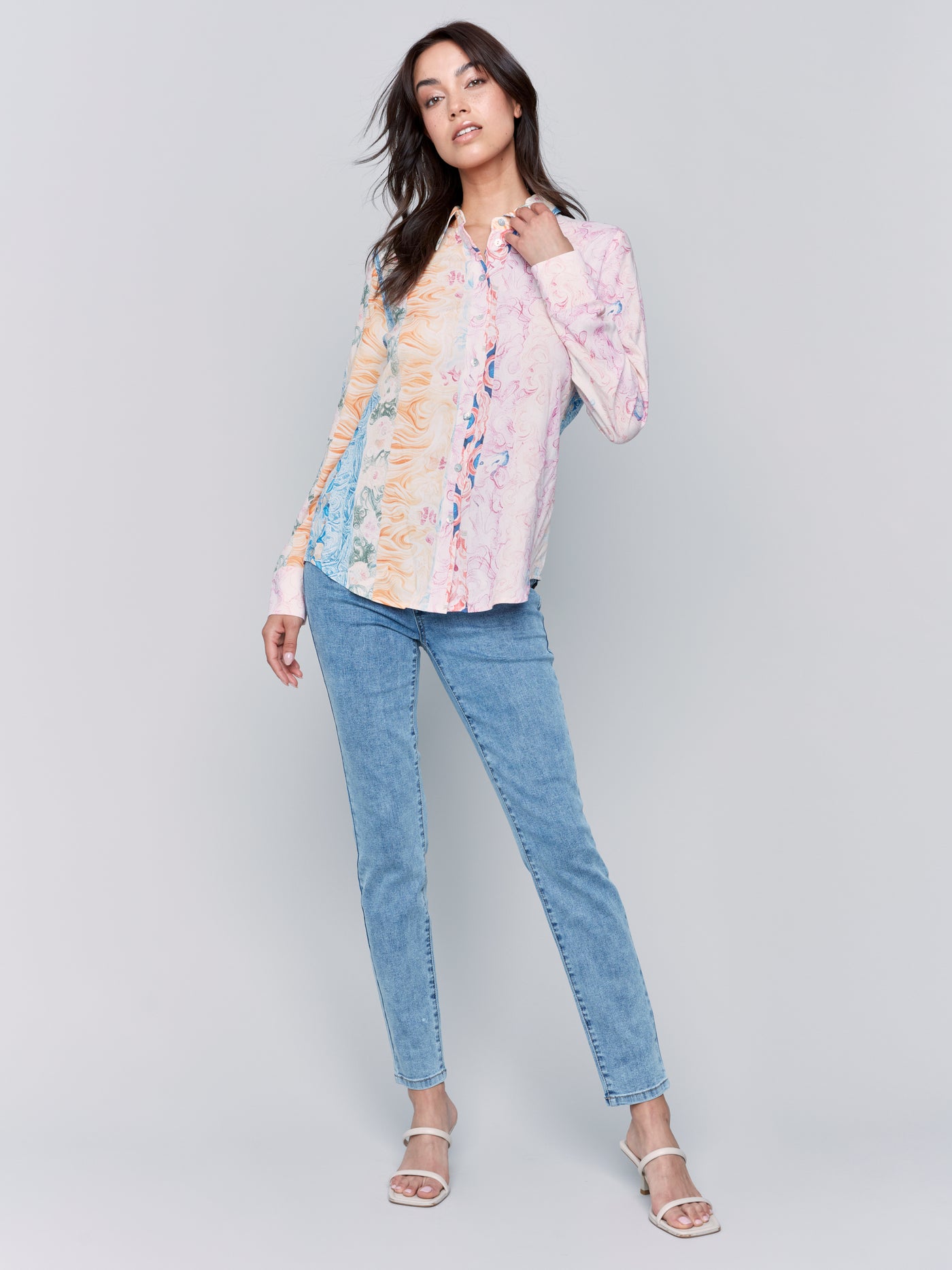 Printed Long Sleeve Button-Down Blouse Charlie B