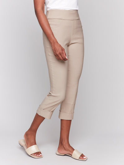 Solid Pull On Stretch Cropped Cuffed Pant Charlie B