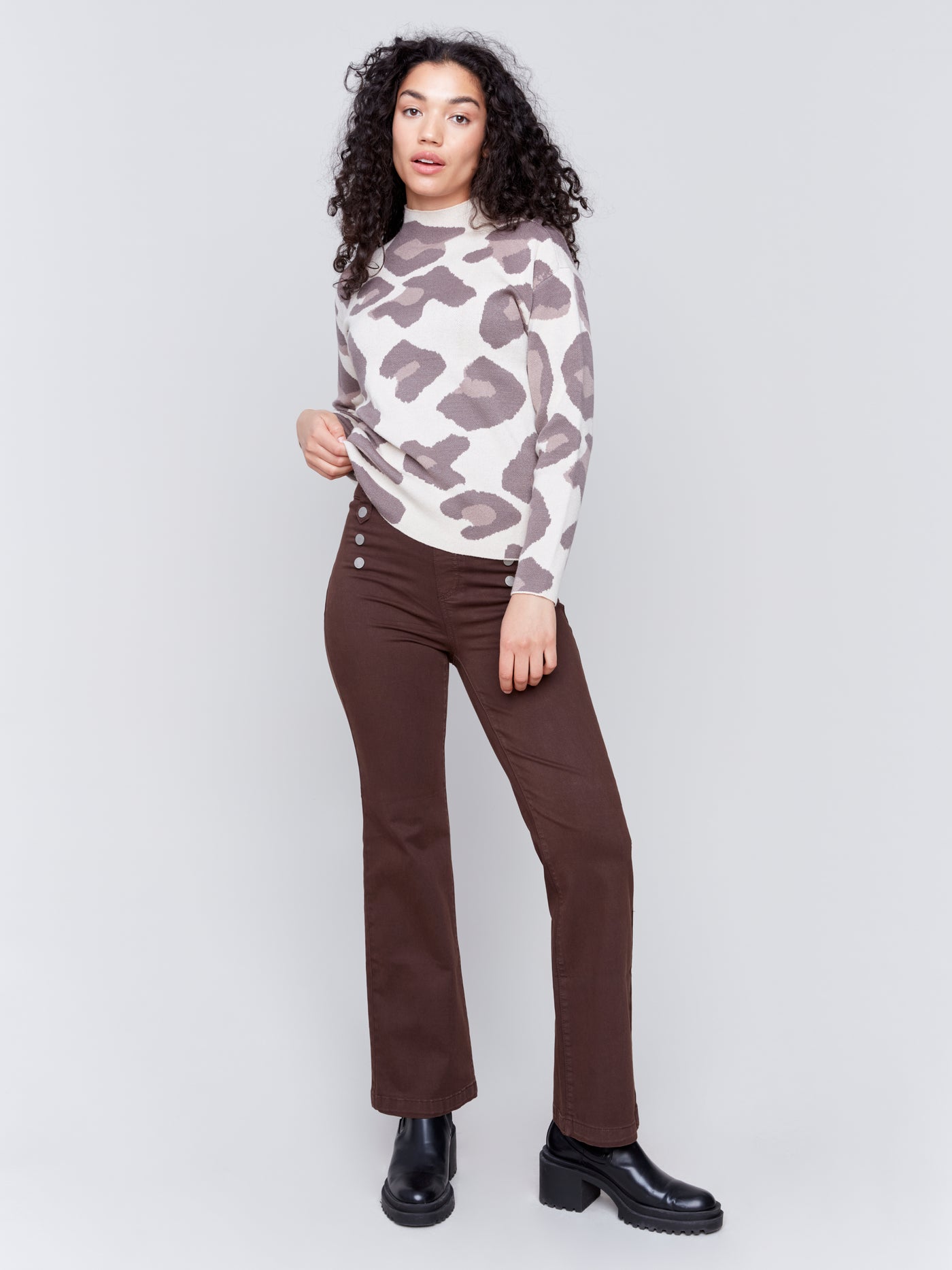 Pull-On Flare Twill Pants with Front Buttons Charlie B