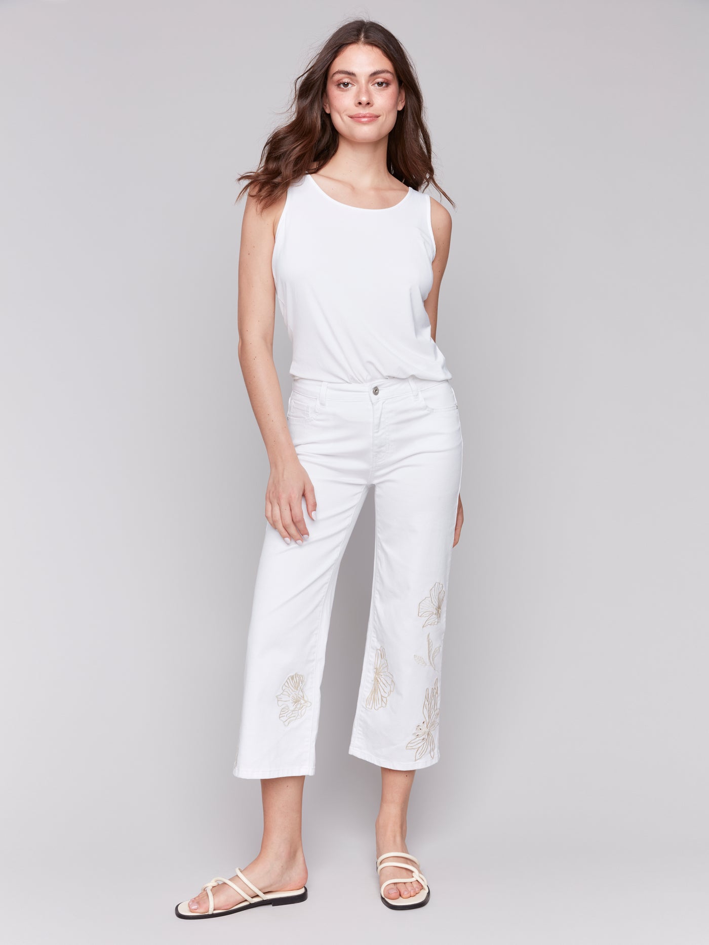 Floral Embroidered Cropped Flare Twill Pants Charlie B