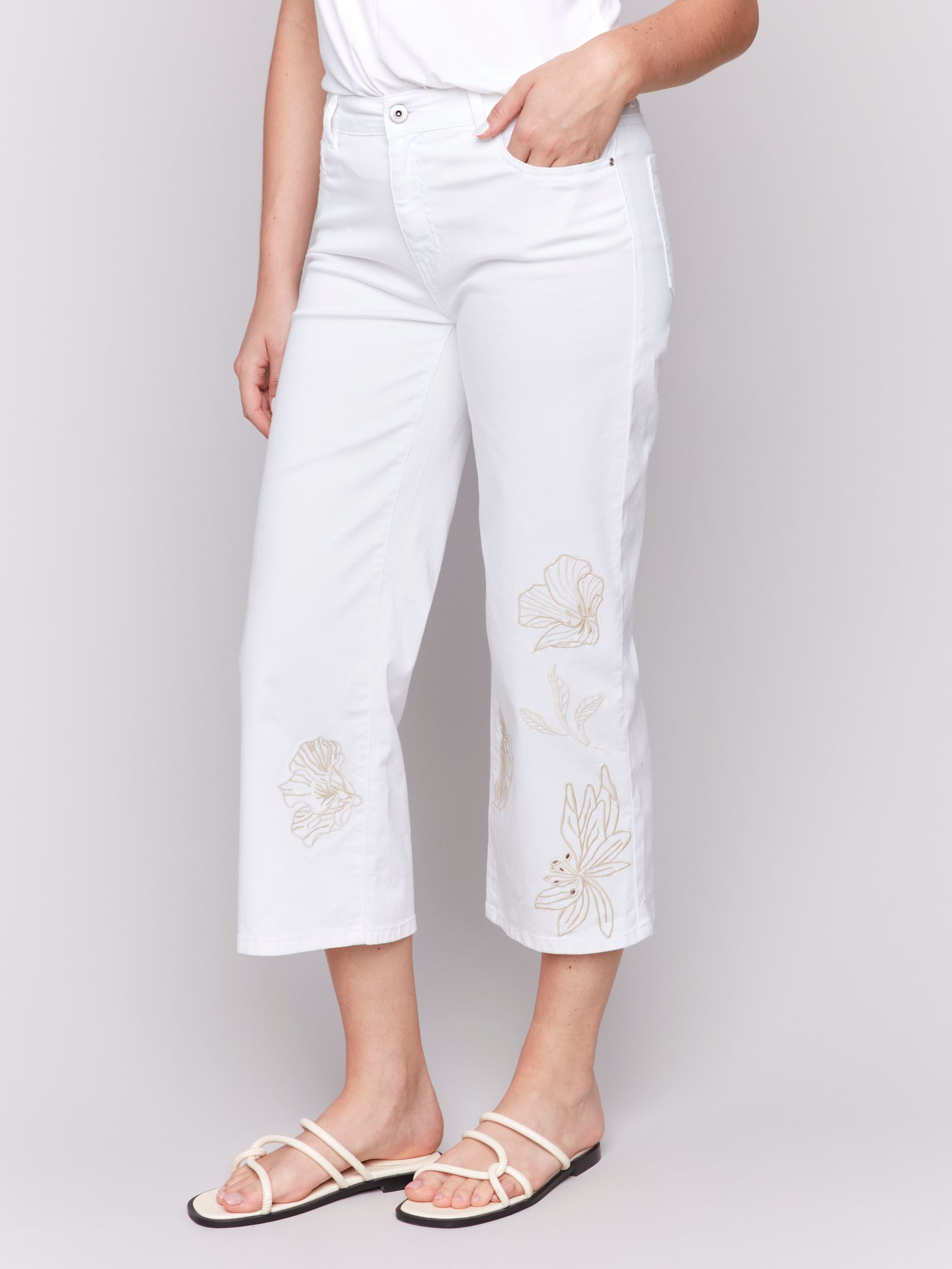 Floral Embroidered Cropped Flare Twill Pants Charlie B