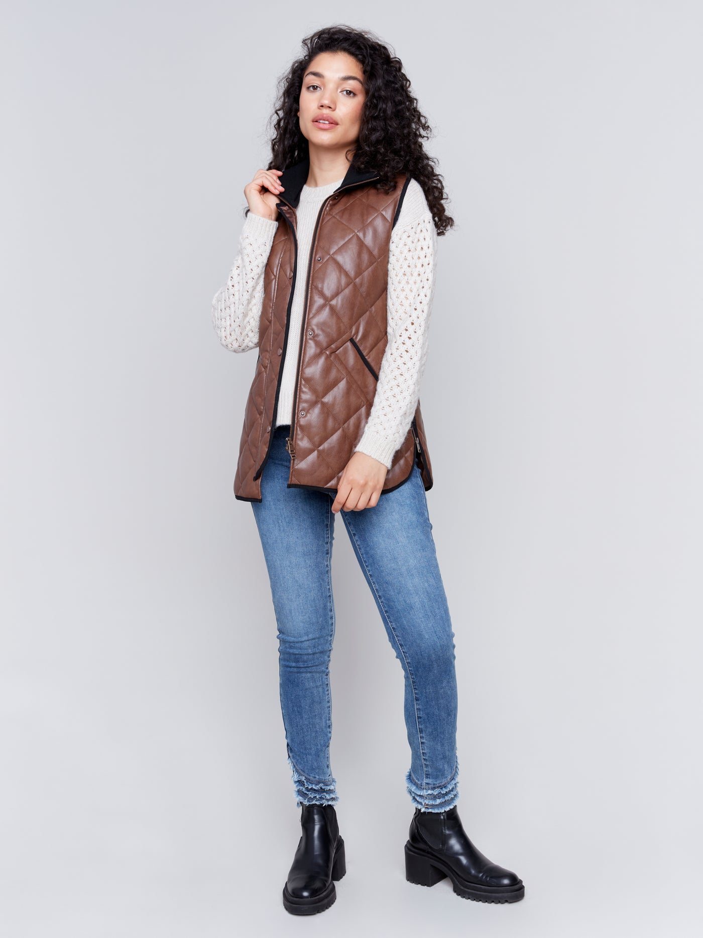 Long Quilted Faux Leather Vest Charlie B