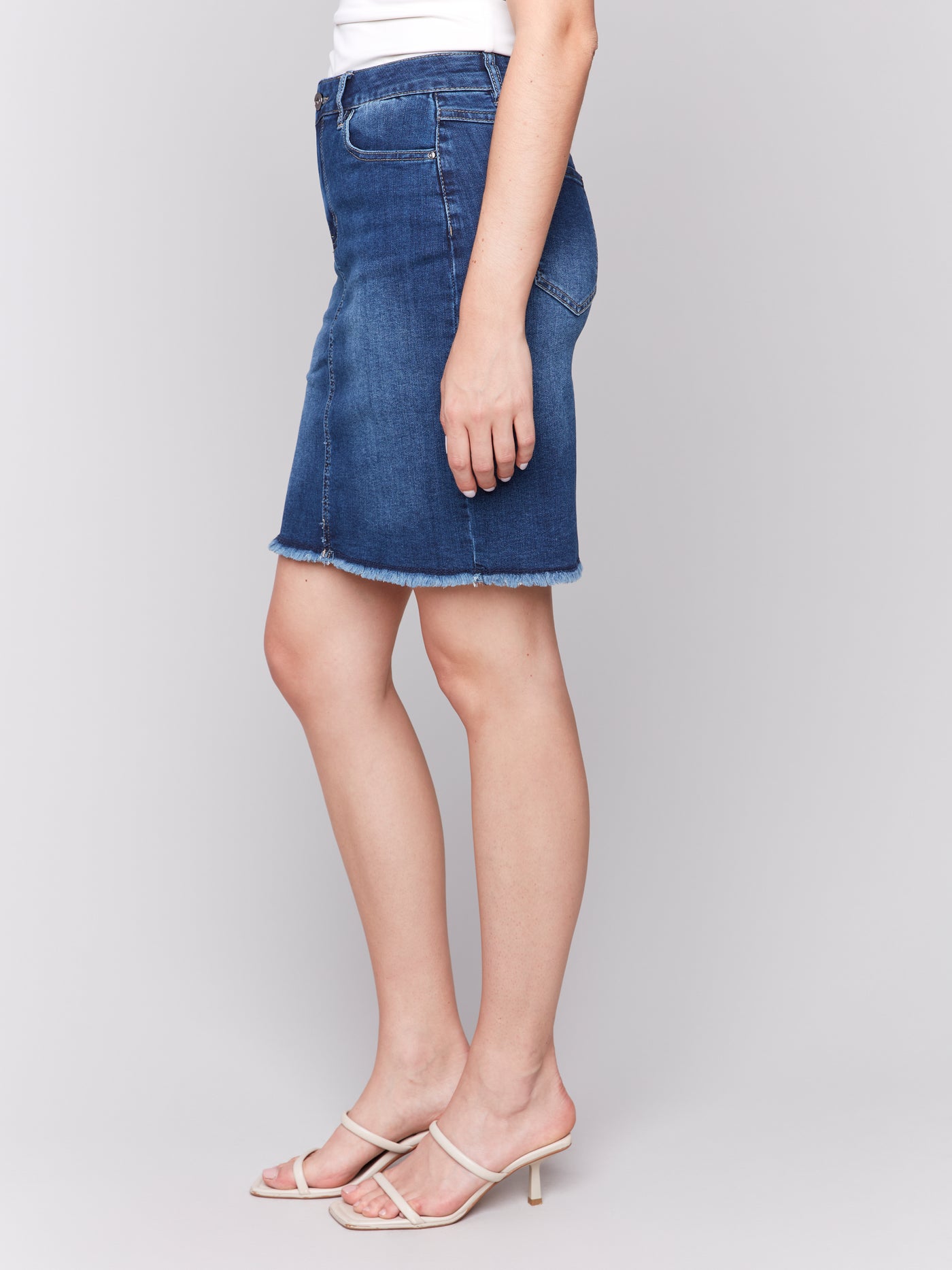 Stretch Denim Skort with Frayed Hem Charlie B