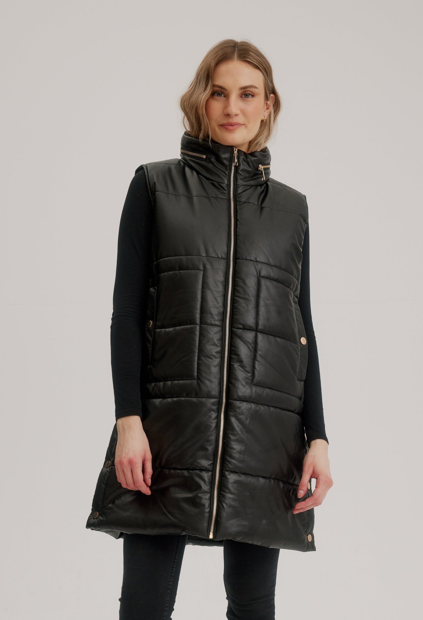 Vegan Leather Quilted Vest W/ Gold Trim & Side Snaps Nikki Jones