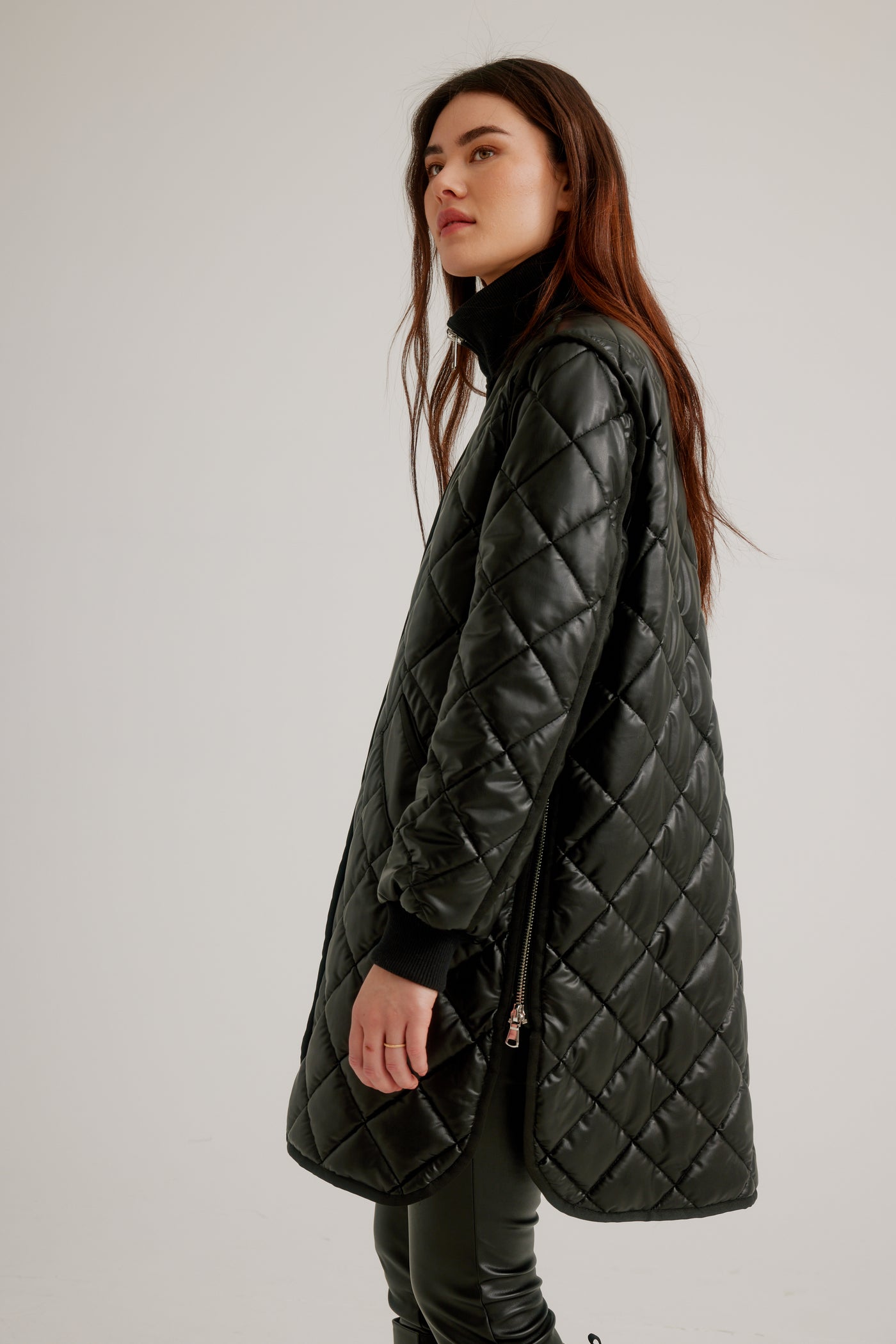 Vegan Leather Zip Front Diamond Quilted Coat Nikki Jones