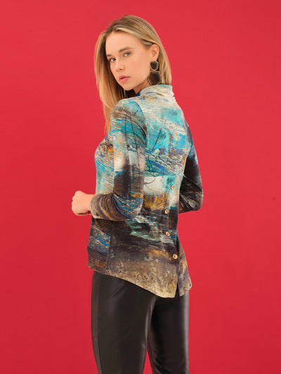 Abstract Print Cowl Neck Pullover Dolcezza