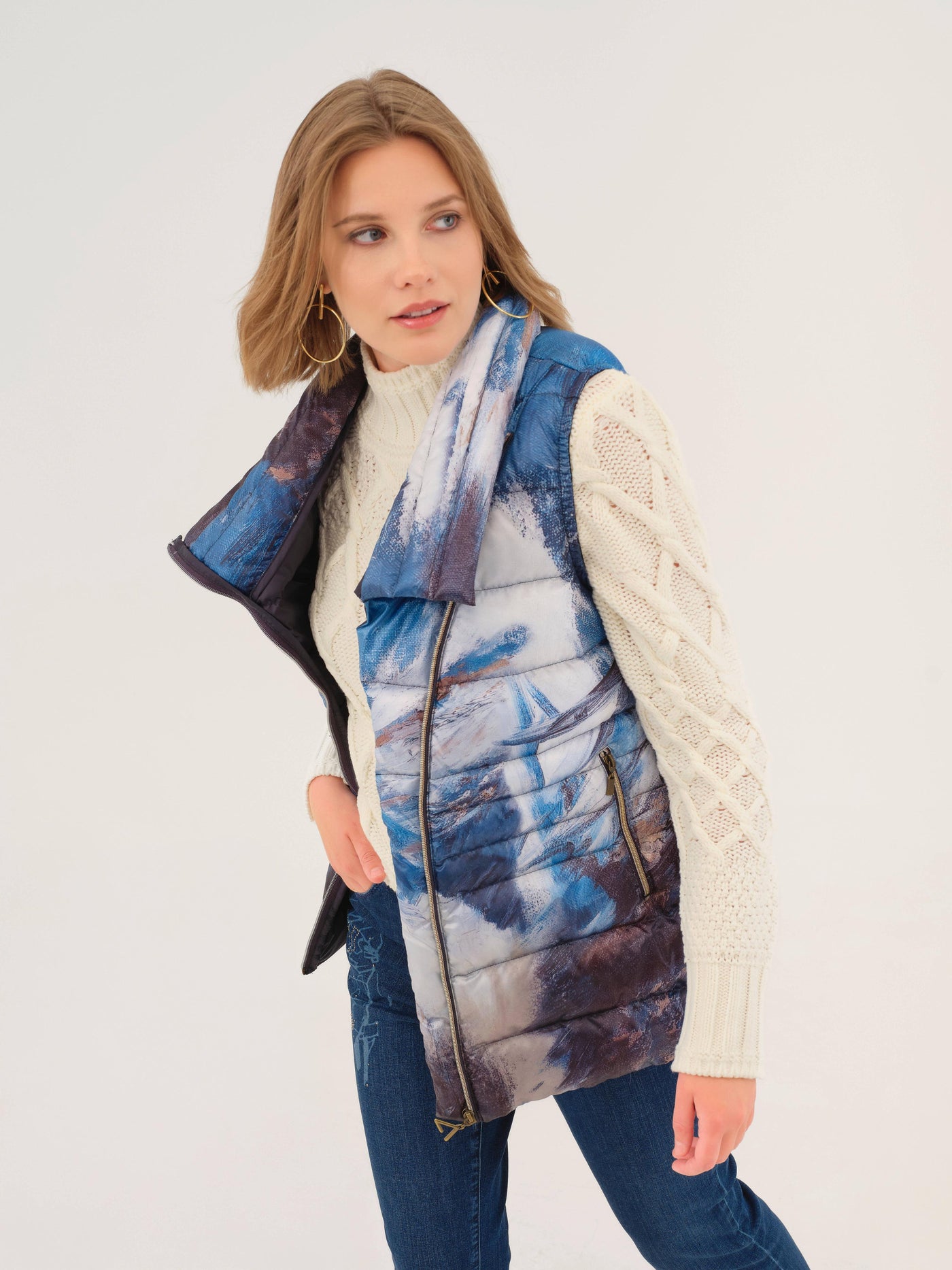 Abstract Blue Quilted Zip Vest Dolcezza