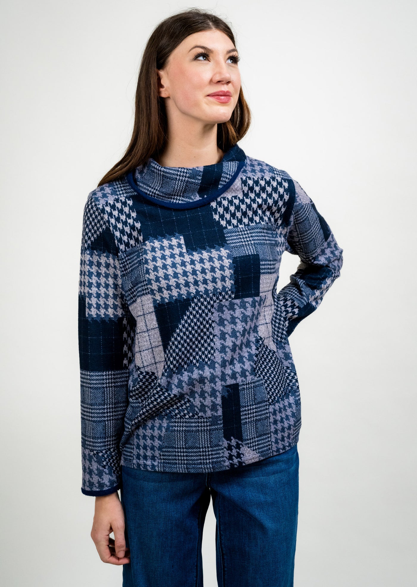 Contrast Trim Foldover Collar Patchwork Print Sweater Trisha Tyler