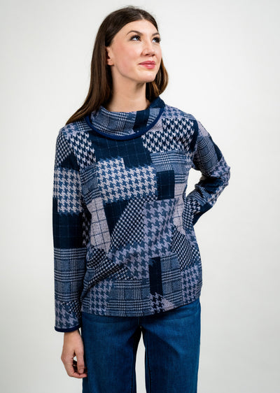 Contrast Trim Foldover Collar Patchwork Print Sweater Trisha Tyler