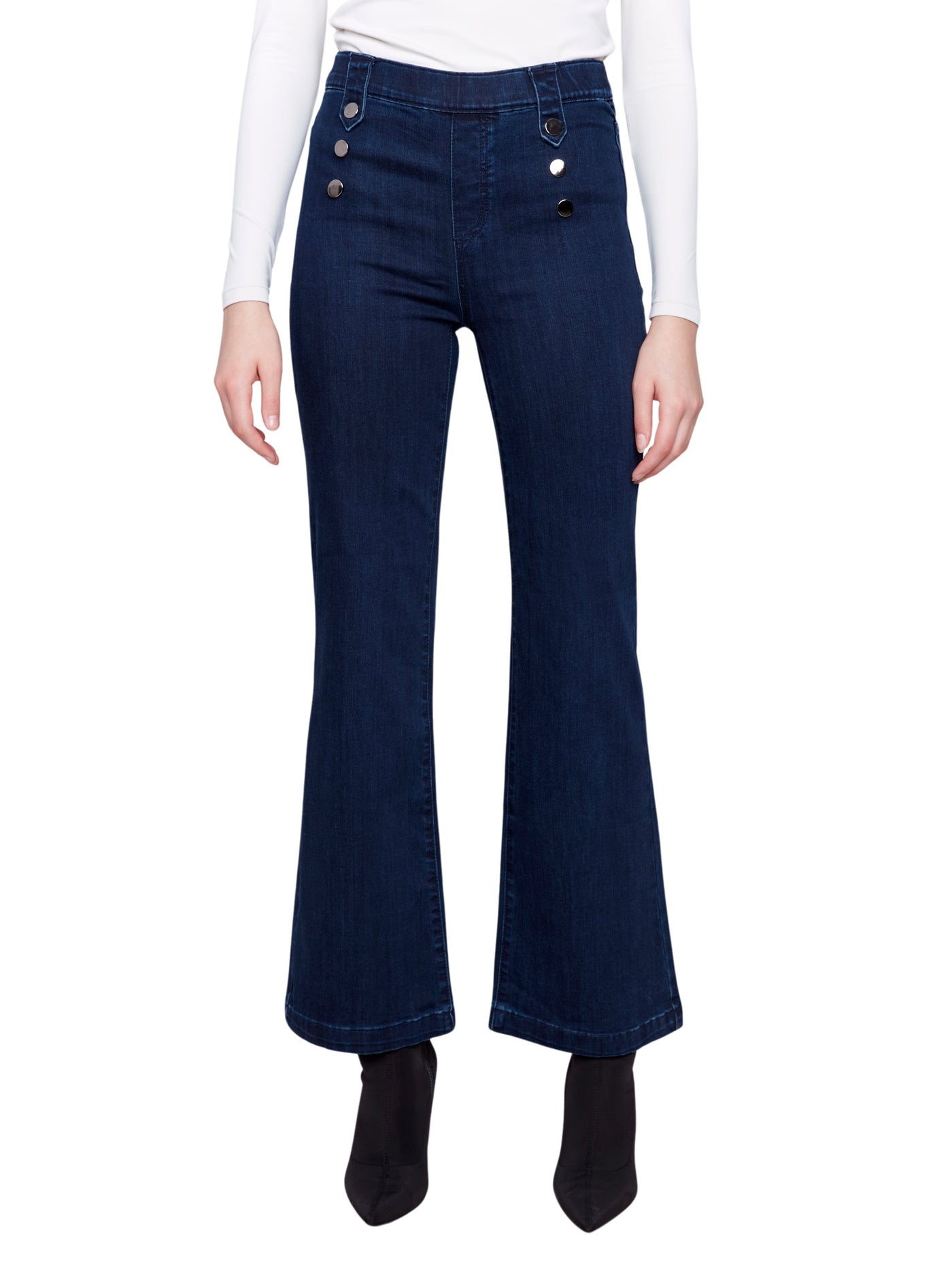 Pull-On Flare Jeans with Front Buttons Charlie B