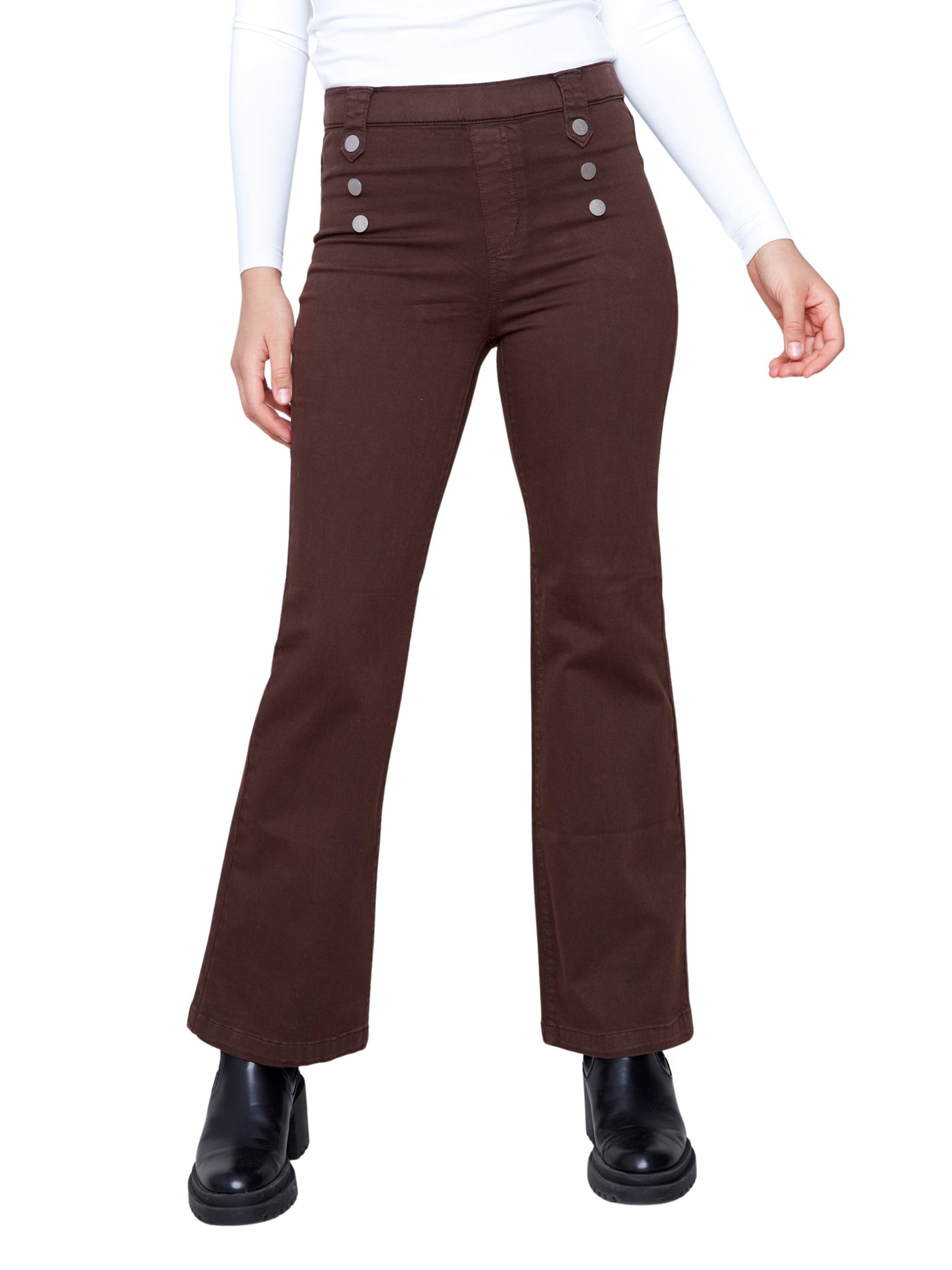 Pull-On Flare Twill Pants with Front Buttons Charlie B