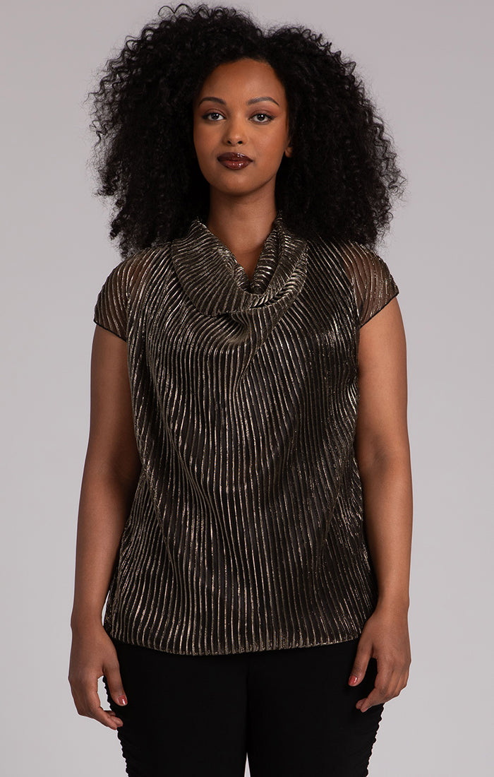 Draped Cowl Top, Pleated Mesh Sympli