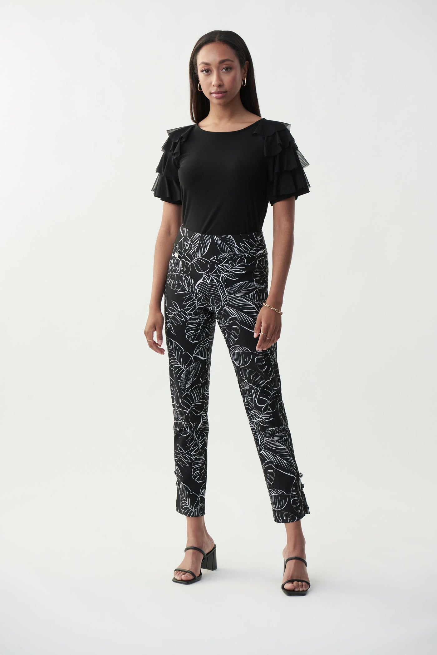 Joseph Ribkoff Pull On Palm Print Pants Style 221132 Color Black-Vanilla 